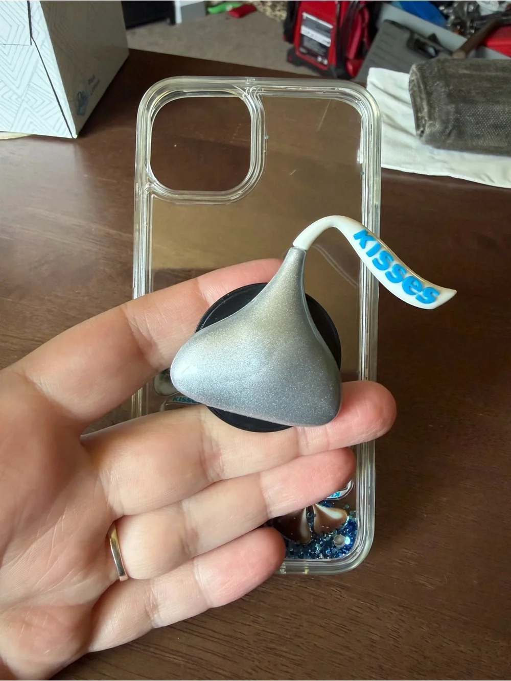 Kisses Clear Phone Case with Silver Kisses and Blue Glitter
